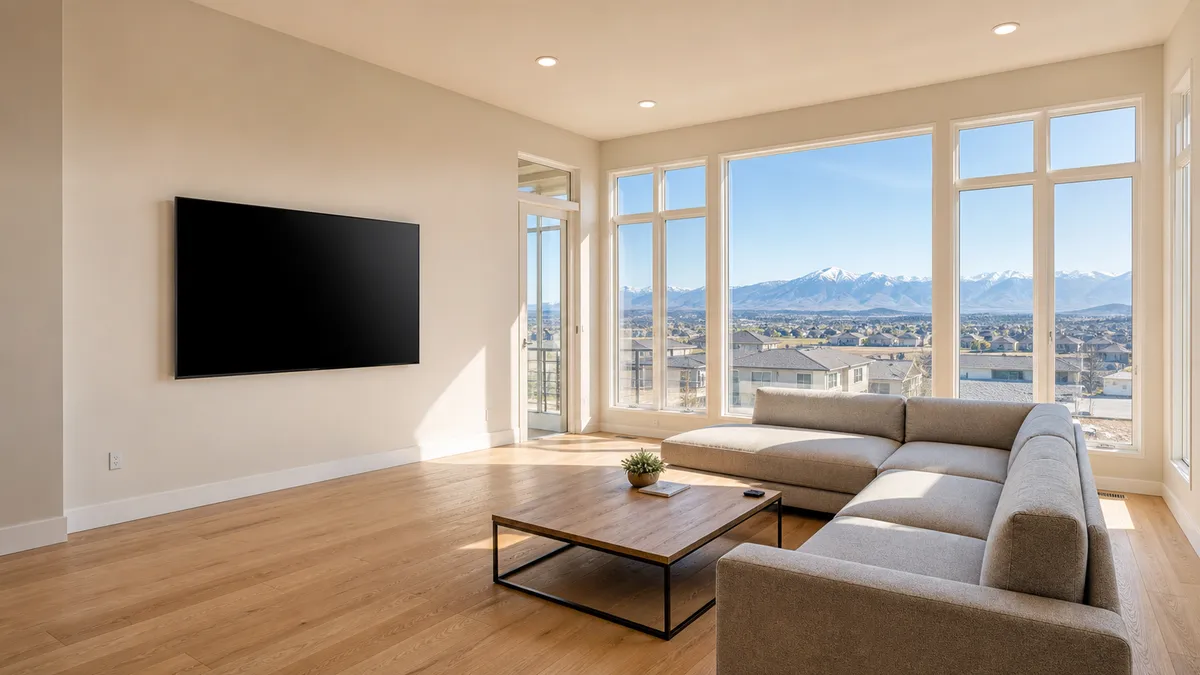 Modern living room with a wall-mounted TV and Colorado mountain view in a new construction home