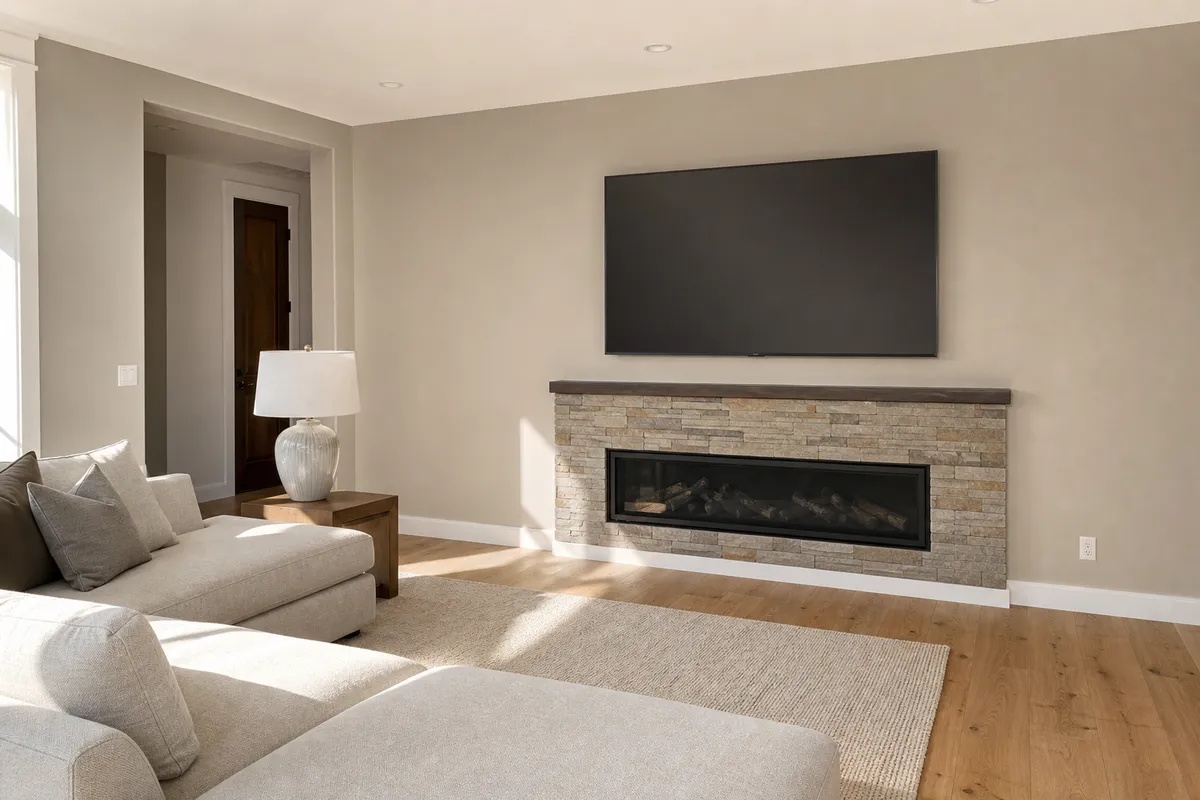 TV mounted above a stacked stone fireplace surround in a freshly renovated Colorado Springs living room